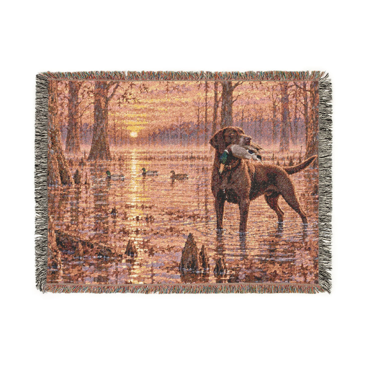 Sunset Wetlands Woven Blanket — Chocolate Lab with Duck Marsh Landscape Throw