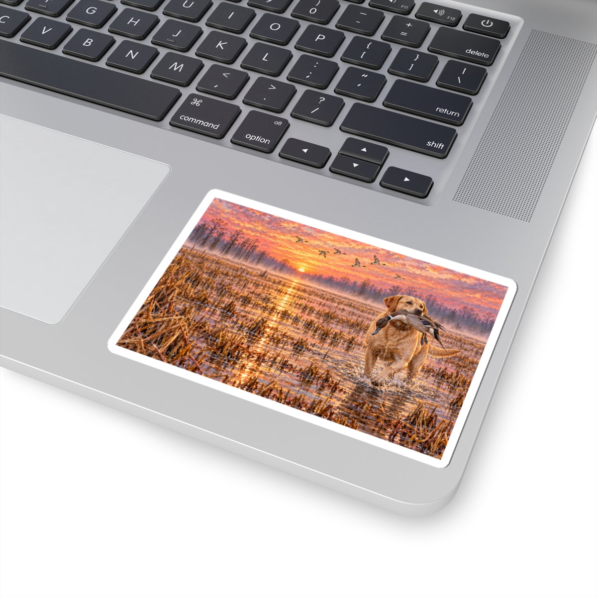 Retriever Duck Hunting Sticker — Golden Lab with Duck at Sunrise (Kiss-Cut)