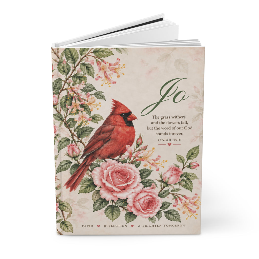 Personalized Cardinal Journal, Pink Rose Floral Notebook, Christian Prayer Journal, Isaiah 40:8, Custom Name Gift for Her
