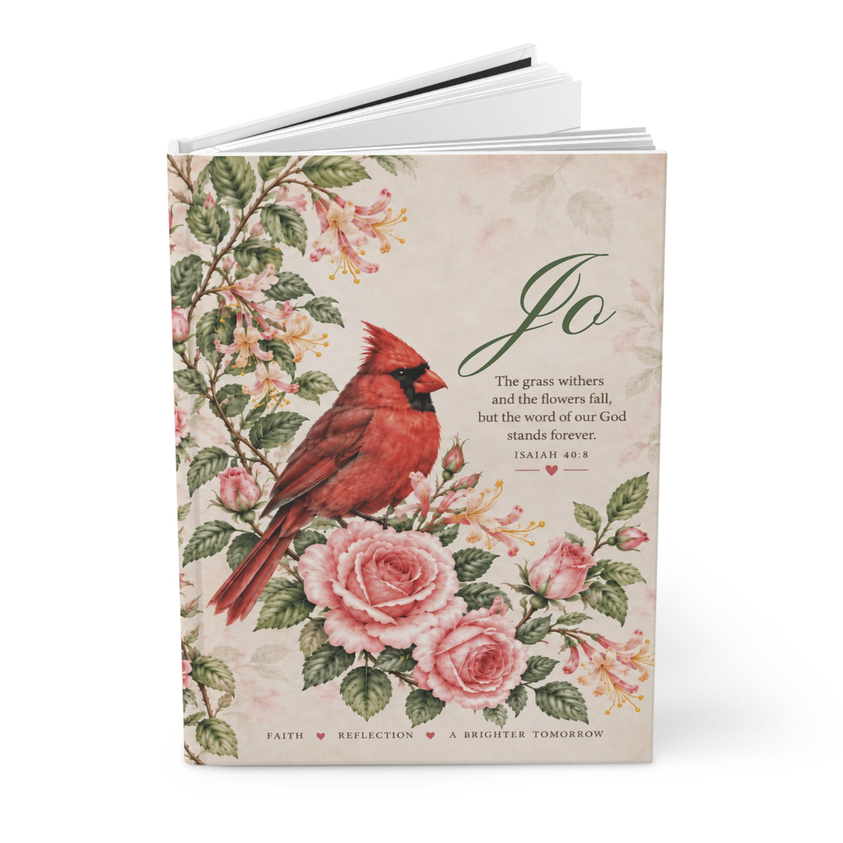 Personalized Cardinal Journal, Pink Rose Floral Notebook, Christian Prayer Journal, Isaiah 40:8, Custom Name Gift for Her