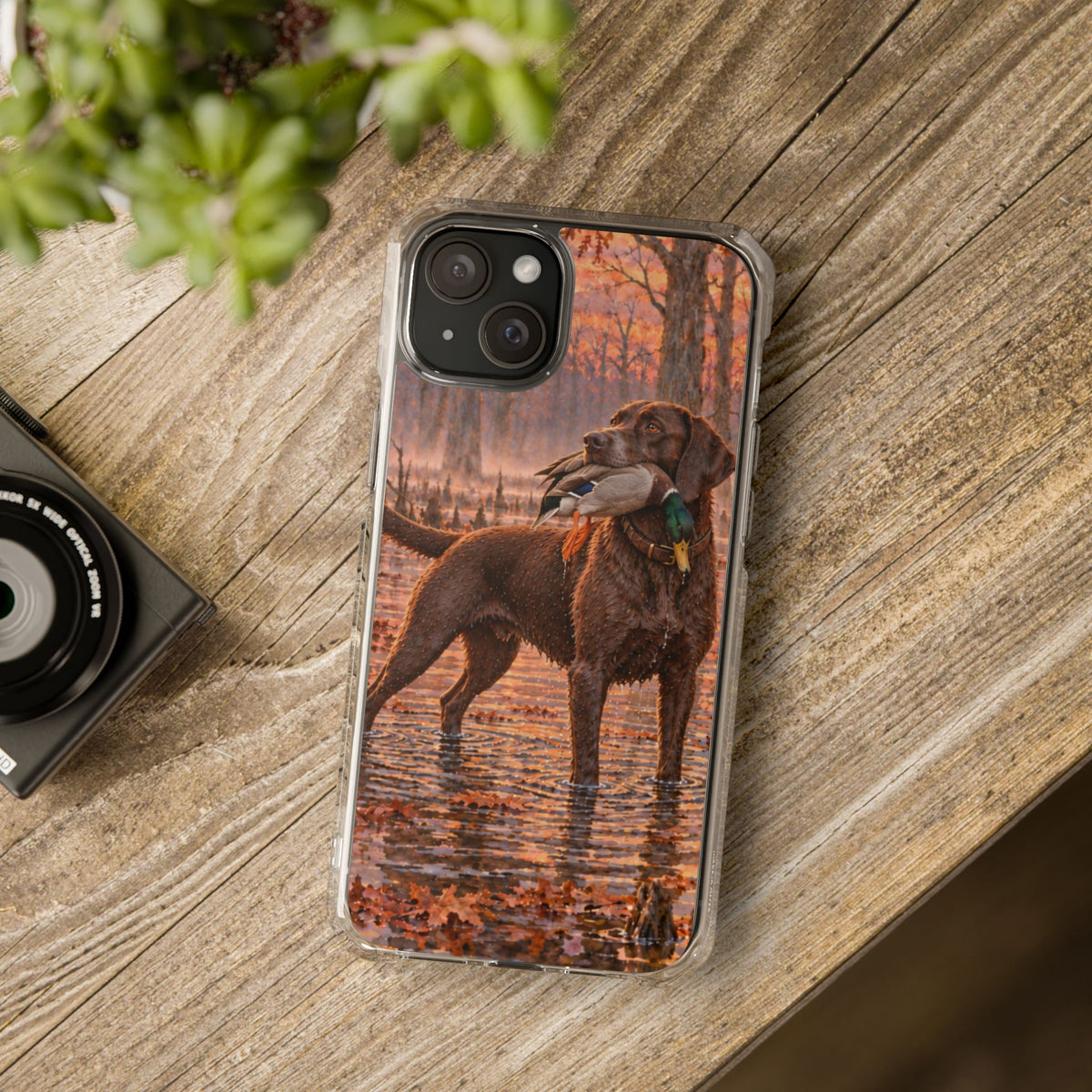 Clear Magnetic Phone Case — Chocolate Lab with Duck swamp