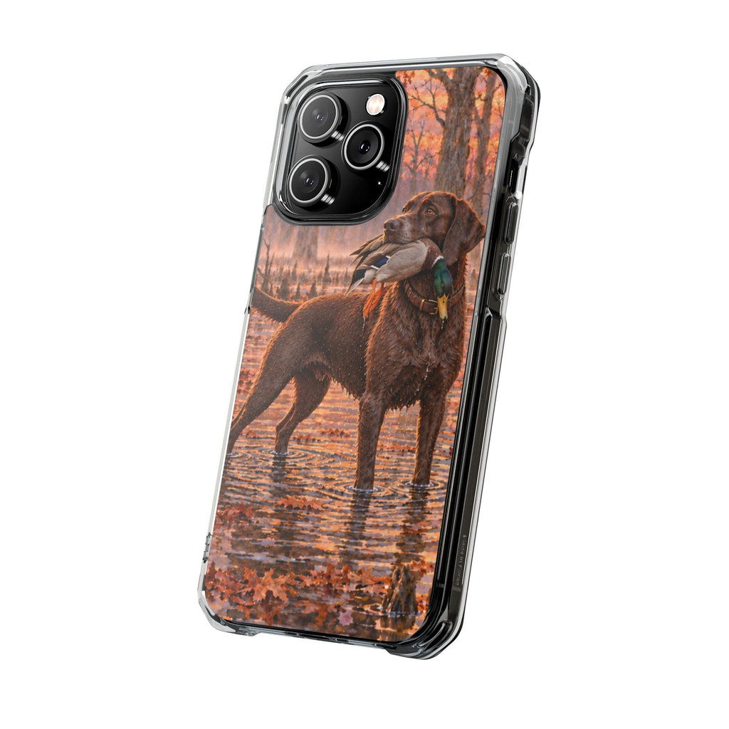 Clear Magnetic Phone Case — Chocolate Lab with Duck swamp