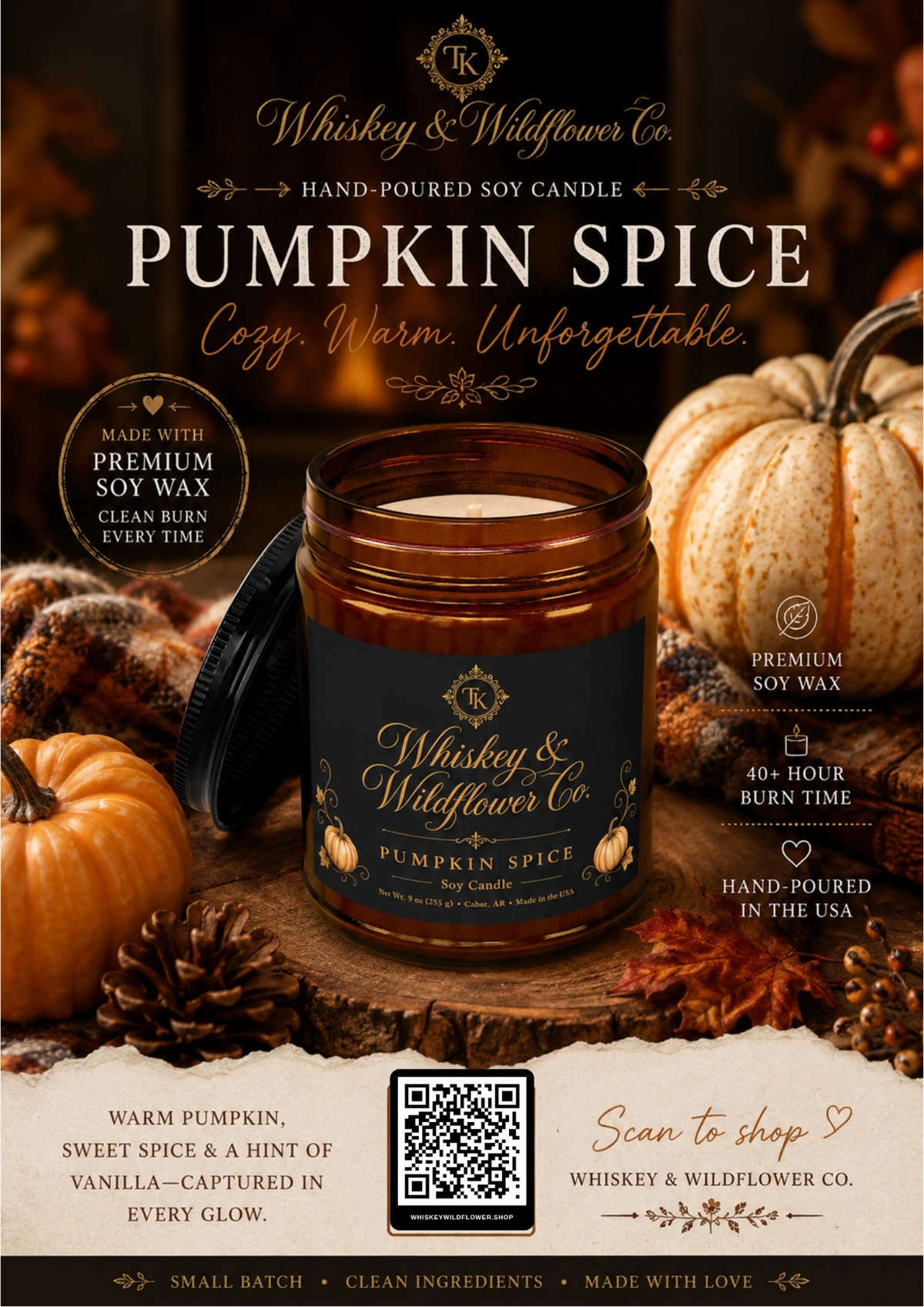 Pumpkin Spice Soy Candle — Whiskey & Wildflower Co. Amber Jar (9 oz)