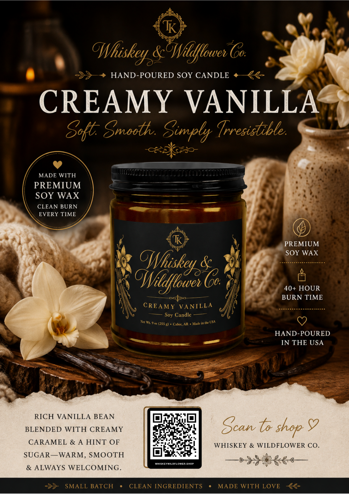 Creamy Vanilla Soy Candles with Black Lid, (9oz)