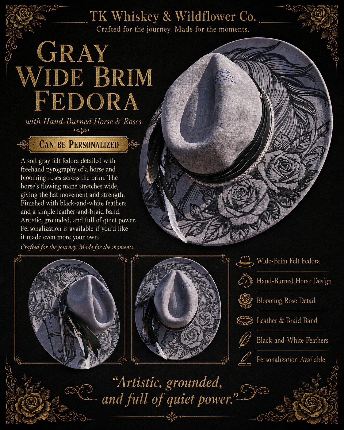 A vintage-style product poster for a gray wide brim fedora hat by TK Whiskey & Wildflower Co., showing the hat from multiple angles on a black ornate background with decorative text and feature callouts.