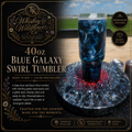 A 40 oz Whiskey & Wildflower Co. Blue Galaxy Swirl Tumbler shown on a dark glittery base with a blue galaxy-patterned tumbler standing in the center.