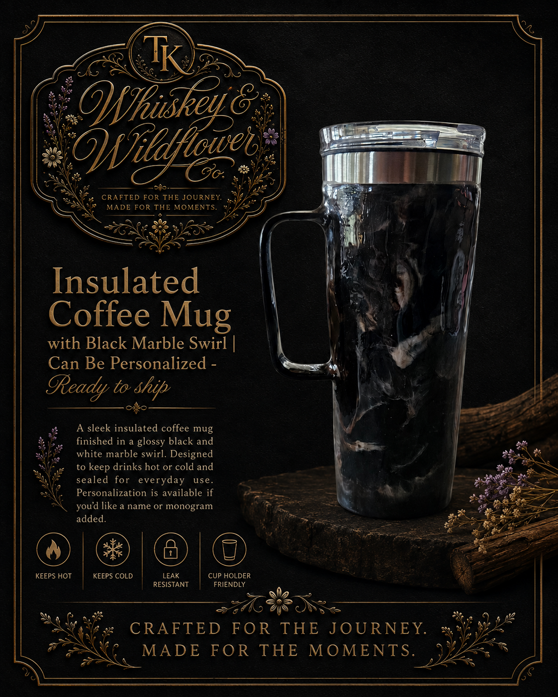 A whiskey-style insulated coffee mug with a black marble swirl pattern, shown on a dark decorative background with branding text for TK Whiskey & Wildflower Co.