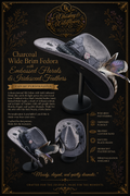 A whiskey-themed promotional graphic for a custom wide-brim fedora hat. The main hat is shown in a dark charcoal gray with embroidered floral details and iridescent feathers, alongside smaller views of the hat from different angles and a feather close-up.