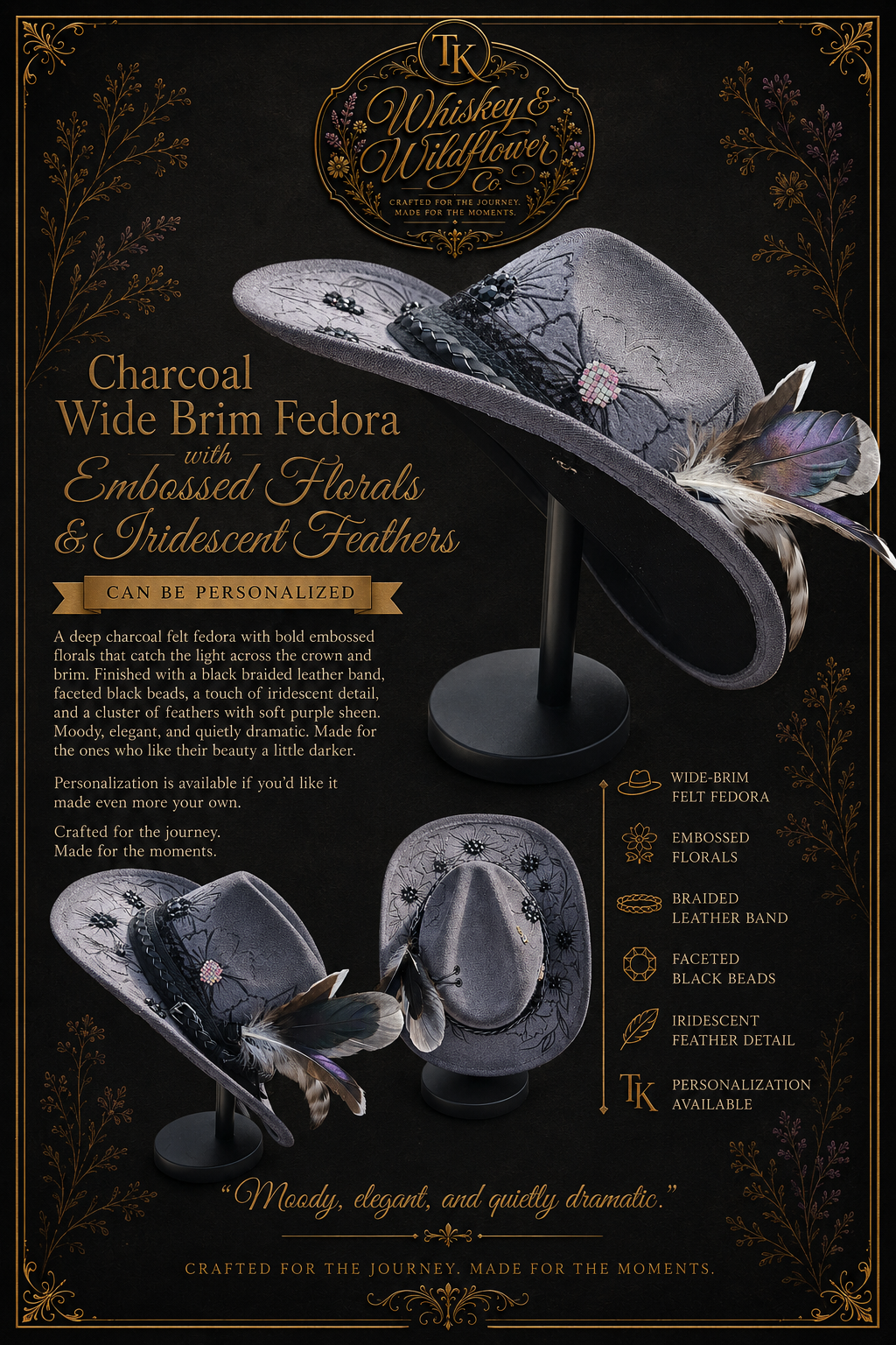 A whiskey-themed promotional graphic for a custom wide-brim fedora hat. The main hat is shown in a dark charcoal gray with embroidered floral details and iridescent feathers, alongside smaller views of the hat from different angles and a feather close-up.