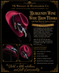 A vintage-style product poster for a burgundy wine wide brim fedora hat by TK Whiskey & Wildflower Co. The main product is shown in large view at the top, with three smaller inset views below showing the hat from different angles.