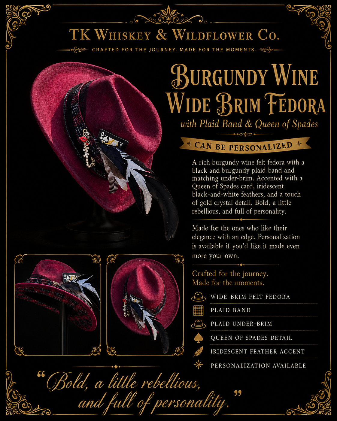 A vintage-style product poster for a burgundy wine wide brim fedora hat by TK Whiskey & Wildflower Co. The main product is shown in large view at the top, with three smaller inset views below showing the hat from different angles.