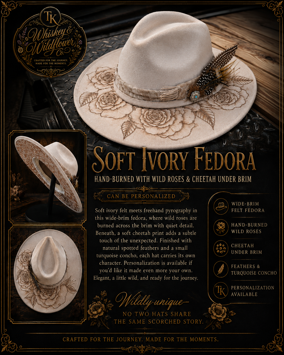 A promotional graphic for a TK Whiskey & Wildflower Soft Ivory Fedora hat. The main product is shown in multiple views on a dark textured background, featuring hand-burned detailing, floral engravings, and a feather accent.