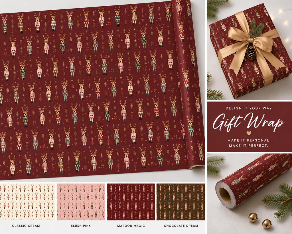 Wrapping Paper Roll Maroon Nutcracker Reindeer Customizable 'Print It Your Way' Gift Wrap